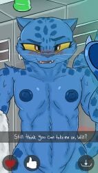 abs absurd_res anthro blue_body blue_fur blush breasts caption digital_drawing_(artwork) digital_media_(artwork) eyebrows felid feline female fur goat_(movie) hi_res jett_fillmore lerasmel mammal muscular muscular_female nipples nude nude_anthro nude_female pantherine raised_eyebrow seductive selfie sharp_teeth shower_room smile smiling_at_viewer solo sony_corporation spots teeth whiskers yellow_sclera