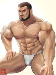 1boy abs arm_hair artist_name artist_request artist_signature bara beard beefy biceps big_areola big_lips breasts broad_shoulders brown_eyes brown_hair bulge bulge_through_clothing chest_hair collarbone daddy dilf fundoshi fundoshi_only gay genital_outline hairy hand_on_leg happy_trail hi_res hunk japanese_clothes leg_hair legs_apart looking_at_viewer male male_only manly mature_male muscles muscular muscular_arms muscular_legs muscular_male muscular_neck muscular_thighs mustache_stubble navel original original_character pecs pubic_hair_peek quadriceps rokushaku_fundoshi shadow short_hair sideburns simple_background six_pack small_eyes solo standing thick thick_arms thick_eyebrows thick_legs thick_lips thick_thighs topless tough_guy triceps very_high_resolution white_fundoshi wrinkles yaoi
