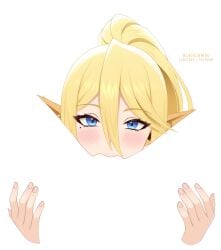 1girl 1other blacksaikou blonde_hair blush centorea_shianus hair_between_eyes highres long_hair looking_at_viewer mole mole_under_eye monster_musume_no_iru_nichijou negative_space oral paid_reward_available ponytail pov simple_background solo_focus spread_legs white_background