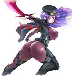 female hat huge_ass huge_breasts japanese_text katana kido_ayame_(kimi_wa_008) kimi_wa_008 long_hair matsuena_shun purple_eyes purple_hair sideboob thick_thighs thigh_clothes