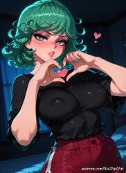 1girl 2026 ai_generated alternate_breast_size anime bangs black_shirt blush boobs breasts cleavage covered_nipples crossover curly_hair eye_contact eyelashes female female_focus flipped_hair flushed green_eyes green_hair green_nails heart heart-shaped_pupils heart_hands heart_in_eye highres huge_breasts indoors inside large_breasts lips looking_at_viewer nail_polish night nsfw one-punch_man parted_lips patreon patreon_username rognezart shirt short_hair shorts solo symbol-shaped_pupils tatsumaki window