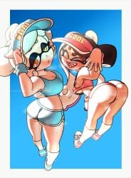 +_+ 2girls big_breasts black_eyeshadow breasts callie_(splatoon) duo earrings eyeshadow female footwear highres humanoid inkling large_breasts looking_at_viewer marie_(splatoon) multiple_females multiple_girls nintendo oerba_yun_fang open_mouth outerwear pale_skin shiny shiny_skin silver_hair smile splatoon splatoon_(series) splatoon_2 squid_sisters symbol-shaped_pupils tentacle_hair thick_thighs thighs yellow_eyes exercise_clothing outtaoutta