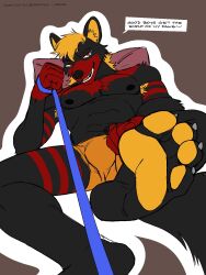 4_toes abs anthro armpit_hair black_body black_fur blonde_hair body_hair bulge canid canine canis claws clothed clothing dialogue dominant english_text feet first_person_view foot_fetish foot_focus fur genitals good_boy hair hi_res humanoid_feet leash leash_pull leashed_pov looking_at_viewer low-angle_view male male_anthro mammal muscular muscular_anthro muscular_male nipples patoso pawpads paws pecs penis pillow plantigrade praise red_body red_eyes simple_background smile soles solo speech_bubble talking_to_viewer text toe_claws toes underwear wolf yellow_pawpads