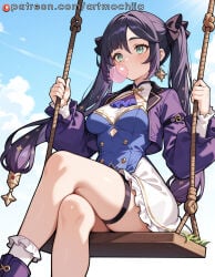 1girl chewing_gum bubble_blowing mona_(genshin_impact) twintails solo crossed_legs swing thigh_strap long_hair breasts sitting jewelry earrings jacket green_eyes long_sleeves star_earrings socks sky purple_jacket blue_sky hair_ribbon medium_breasts cropped_jacket thighs black_hair skirt white_socks ascot open_jacket cloud blush frills day outdoors star_(symbol) ribbon open_clothes purple_hair blue_ascot blue_leotard leotard hair_ornament frilled_skirt buttons clothing_cutout alternate_costume no_headwear white_skirt hair_between_eyes purple_leotard legs artmochiia ai_generated genshin_impact