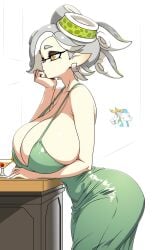 +_+ 1girls alternate_breast_size big_ass big_breasts breasts cleavage cup domino_mask dress earrings food_on_head green_dress grey_hair huge_ass huge_breasts jewelry marie_(splatoon) mask pointy_ears raybrighten short_hair silver_hair splatoon tagme teacup tentacle_hair yellow_eyes