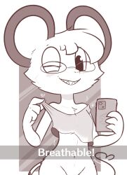 anthro bottomless breasts cellphone clothed clothing clothing_pull electronics eyewear female feral glasses heart_symbol hi_res mammal molte mostly_nude mouse murid murine navel one_eye_closed phone rodent shirt shirt_pull small_breasts smartphone solo tank_top teasing theartmanor topwear topwear_pull wink