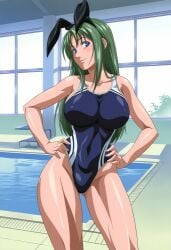 1girls ai_generated beach beverage bible_black bible_black_only big_breasts blue_eyes blue_sky blush breasts bunny_ears bunny_ears_headband curvaceous curvy curvy_body curvy_female curvy_figure competition_swimsuit enigmata facing_viewer fake_animal_ears fake_rabbit_ears female female_focus female_only front_view hands_on_hips green_hair hair_ornament hairband high_resolution huge_breasts ito_mika long_hair looking_at_viewer school_swimsuit one-piece_swimsuit pool poolside parted_bangs pinup pose posing posing_for_the_viewer rabbit_ears swimsuit slim_waist small_breasts smile solo teenage_female teenager uncensored water wide_hips
