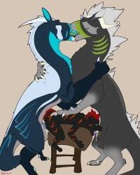 anal anthro balls breeding_mount canid canine chakat-silverpaws extreme_size_difference felkin fellatio feral french_kissing genitals group hi_res kissing male male/male mammal oral penile sex side_view size_difference smile spitroast tongue tongue_out trio