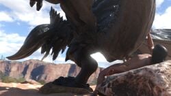 3d_(artwork) animal_genitalia blender_(artwork) blurred_background bodily_fluids capcom cloaca cloacal cloacal_penetration cum cum_inside degeneroid depth_of_field detailed_background diablos_(mh) digital_media_(artwork) drooling duo female feral feral_on_top feral_penetrated flying_wyvern genital_fluids genitals hi_res human male male/female mammal monster_hunter penetration saliva sex size_difference sweat
