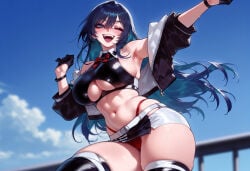 1girl 1girls ;d ado ado_(music-artist) ado_(utaite) ai_generated armpits balecxi bare_shoulders belt black_gloves black_hair black_jacket black_skirt black_thighhighs blue_eyes blue_hair blue_sky blush bowtie breasts chando_(ado) clothing clothing_cutout cloud curvaceous curvaceous_female curvaceous_figure curvy curvy_figure day female female_focus gloves half_gloves highleg jacket large_breasts legwear long_hair looking_at_viewer midriff miniskirt navel off_shoulder one_eye_closed open_clothes open_jacket open_mouth outdoors panties race_queen red_panties skindentation skirt sky smile solo stomach sweat teeth thighhighs thighs uncensored underboob underboob_cutout underwear voluptuous voluptuous_female white_belt