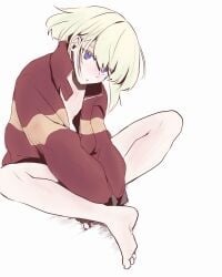 1boy 1femboy androgynous aus_vaka blonde_hair blush blushing blushing_at_viewer bob_cut clothing cute_expression femboy feminine_faced_male feminine_male jacket jacket_only jacket_open lio_fotia looking_at_viewer male oversized_clothes petite petite_body petite_male pov promare short_hair short_male slim slim_male slim_waist solo thin_waist twink wearing_partner's_clothes