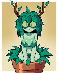 scott_falco scottfalco_(artist) huntress_wizard adventure_time tagme green_eyes green_hair green_skin green_sclera looking_at_viewer front_view short_hair leaves leaves_in_hair horns mask breasts cleavage topwear wide_hips thick_thighs slim_waist navel voluptuous covered_pussy plant potted_plant blush