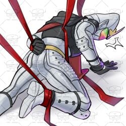 kamen_rider kamen_rider_gaim_(series) kamen_rider_gaim mmmaao 1boy male male_only male_focus solo bondage ribbon ribbons ribbon_bondage ass armor armored_male white_armor samurai god restrained ribbon_around_leg red_armor fruit facing_viewer facing_away_from_viewer on_ground on_knees artist_name watermark pixiv_id belt arm_behind_back hand_behind_back fist_clenched ankle_tied restrained_ankles wrist_tied tied_wrist hand_on_ground cape red_cape shock shock_lines