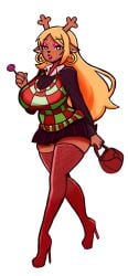 animal_ears anthro antlers argyle baddie bimbo blonde_hair brown_fur curvy deer_girl deltarune digital_media eyeshadow freckles full_body handbag high_heels highres hoelle hoop_earrings large_breasts lipstick lollipop long_hair looking_at_viewer makeup melonmiloc miniskirt noelle_holiday pink_eyes plaid_sweater pleated_skirt prostitute red_thigh_highs reindeer_girl solo standing sweater thick_thighs thigh_highs undertale undertale_(series) white_background