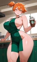 iced_latte_with_breast_milk_(meme) misty_(pokemon) iced_latte_with_breast_milk kasumi_(pokemon) pokemon ai_generated apron asymmetrical_hair bare_shoulders clothing green_apron hadaka_apron hair_between_eyes ponytail side_ponytail tied_hair blush breasts busty covered_erect_nipples curvaceous erect_nipples_under_clothes female green_eyes groin huge_breasts large_breasts lips orange_hair shiny_skin short_hair sideboob thick_thighs thighs wide_hips closed_mouth smile standing holding holding_cup looking_at_viewer coffee_cup cup disposable_cup drinking_straw coffee 1girl female_only indoors kitchen solo