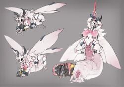 6_legs abdomen_vore anthro arthropod arthropod_abdomen big_breasts breasts duo female female/female genitals hi_res insect lc79510455 lepidopteran moth nipple_piercing nipples piercing simple_background unbirthing vaginal vore vulva wings