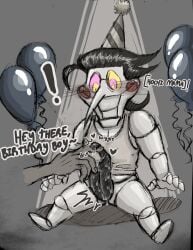 spamton_g_spamton deltarune deltarune_chapter_2 puppet birthday birthday_hat tentacle_penis tentacle_pussy weird_penis monster_penis teasing bodily_fluids bodily_fluids_on_penis doll_joints glasses big_nose balloons text surprised surprised_expression blush blushing letttusse