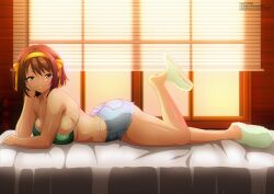 ass boobs bra female female_only full_body green_bra laying_on_bed legs loafers looking_at_viewer shorts sideboob smiling suzumiya_haruhi suzumiya_haruhi_no_yuuutsu teasing teasing_viewer zel-sama