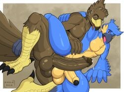 absurd_res accipitrid accipitriform anthro athletic athletic_anthro athletic_male avian balls beak big_balls big_penis bird bodily_fluids dripping duo eagle eaglerick ear_piercing erection eyewear foreskin frottage_in_another's_body genital_fluids genitals glasses golden_eagle hi_res huge_balls huge_penis hyper hyper_balls hyper_genitalia hyper_penis male male/male nintendo nude penis piercing precum precum_drip rick_(eaglerick) rito the_legend_of_zelda true_eagle vein veiny_penis wearing_glasses wyatt_(wyatttfb)