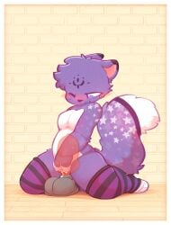 anthro blush bulge clothing dildo felid feline female fur genitals haze_mawz hazemawz hi_res kai_oshima knot knotted_dildo legwear mammal purple_body purple_eyes purple_fur sex_toy solo star thigh_highs translucent vulva white_body white_fur