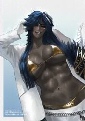 1girl 1girls abs belly belly_button big_breasts black_body blue_eyes blue_hair breasts breasts_bigger_than_head brown_body brown_skin dark-skinned_female dark_skin female female_focus female_only golden_bikini golden_week lemonluke101 limbus_company long_hair looking_at_viewer looking_down looking_down_at_viewer massive_breasts multicolored_hair muscular muscular_female panties project_moon rufo_(limbus_company) smiling smiling_at_viewer solo solo_female solo_focus tagme unbuttoned unbuttoned_shirt