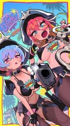 gashi-gashi uejini original original_character tagme 2girls police police_uniform pink_hair long_hair looking_at_viewer sharp_teeth blue_eyes headgear earrings blush sweat sweatdrop bikini bikini_top breasts skirt slim_waist wide_hips thick_thighs stockings voluptuous onomatopoeia viewed_from_below looking_down gloves holding_object gun blue_hair short_hair pink_eyes leaning_forward pressing_breasts_together