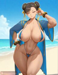 1girls ai_assisted ai_generated areolae areolae_slip big_ass big_breasts bikini chun-li floresai hairy_pussy huge_ass huge_breasts looking_at_viewer muscular_female narrow_waist nipple_bulge patreon patreon_url patreon_username sling_bikini slingshot_swimsuit thick_thighs