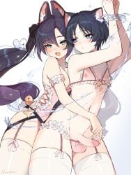 1boy 1girl absurdres alternate_costume animal_ear_fluff animal_ears ball_bra bell black_hair black_ribbon blush bound bound_wrists bra breasts breasts_out cat_boy cat_ears commentary commission crossdressing crossdressing_(mtf) cupless_bra english_commentary erection frilled_leotard frills garter_straps genshin_impact hair_ribbon heart hetero highres kemonomimi_mode leotard long_hair looking_at_viewer medium_breasts mona_(genshin_impact) nipple_stimulation nipple_tweak nipples open_mouth penis pink_leotard purple_hair rabbit_ears rabbit_girl rabbit_tail ribbon scaramouche_(genshin_impact) second-party_source simple_background strapless strapless_leotard tail thighhighs trap twintails twitter_username uncensored underwear very_long_hair wai1010 wanderer_(genshin_impact) water white_thighhighs