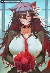 b34sty_0 patreon ai_generated watermark original_character original_characters beasty hair eyes black_hair red_hair long_hair multicolored_hair red_eyes ears animal_ears wolf_ears tail animal_tail wolf_tail black_tail red_tail multicolored_tail breasts boobs tits big_breasts large_breasts big_tits big_titties large_tits large_titties big_boobs big_boobies large_boobs large_boobies mole mole_under_eye fangs kemonomimi standing smile looking_at_viewer staring_at_viewer blush teeth holding_object holding_flower suit black_suit white_shirt black_coat black_blazer blazer tie red_tie collar black_collar 1girl 1girls heart day valentine's_day upper_body
