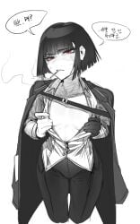 1girl 1girls anger_vein black_hair child_bearing_hips cigarette cigarette_in_mouth cigarette_smoke collarbone dialogue female female_focus female_only flat_chest flat_chested flat_chested_female hai000_0 limbus_company looking_at_viewer project_moon red_eyes revealing_breasts revealing_clothes ryoshu_(limbus_company) short_hair solo solo_female solo_focus tagme talking talking_to_viewer text text_bubble thick_hips thick_legs thick_thighs thighs tight_clothing tight_pants unbuttoned unbuttoned_shirt unbuttoning vein veins