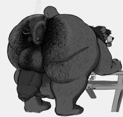 adrian_dough anal_fluids anthro anus backsack balls bear bear_(adriandough) bent_over big_balls bodily_fluids body_hair body_outline butt_hair drooling duo foreskin furniture gaping gaping_anus genital_fluids genitals hairy hi_res hyena looking_back male male/male mammal monochrome onomatopoeia overweight overweight_male penis picnic_table precum pubes pubes_in_ass puffy_anus saliva short_tail size_difference sound_effects squelching table tail text tongue tongue_out tusks vore