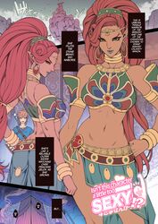 1boy blonde_hair bracelet breasts breath_of_the_wild circlet comic dark_skin earrings female gerudo hand_on_hip hard_translated highres jewelry link link_(breath_of_the_wild) navel necklace oda_non parted_lips pointy_ears red_hair stomach the_legend_of_zelda the_legend_of_zelda:_breath_of_the_wild toned urbosa