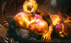 1boy 1girls breast_sucking breasts curvy_figure female fire higher_resolution_available huge_breasts invincible invincible_(superhero) invincible_(tv_series) lava male mark_grayson monster_girl nx147 skull skull_face tagme volcanikka voluptuous voluptuous_female