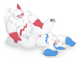 2026 absurd_res anal anthro bashemista belly big_belly blue_body blush duo generation_3_pokemon genitals hi_res kemono male male/male moobs nintendo nipples overweight overweight_male penis penis_size_difference pokemon pokemon_(species) sex shiny_pokemon simple_background small_penis white_background white_body zangoose