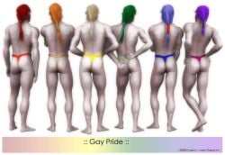 laevi 2004 3d thong ass long_hair gay yaoi pride_colors red_hair ginger blonde_hair green_hair blue_hair purple_hair red_thong orange_thong yellow_thong green_thong blue_thong purple_thong pale_skin simple_background white_background text english_text 6boys multiple_boys original muscular male male_only