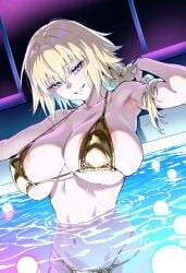 1girls ai_generated areola_slip armpits blonde_hair blue_eyes erect_nipples esuropu fate/apocrypha fate/grand_order fate_(series) golden_bikini hand_in_hair huge_breasts jeanne_d'arc_(fate) large_areolae large_breasts looking_at_viewer navel neon_lights partially_submerged pool puffy_nipples seductive_smile water