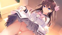 1girls blush brown_hair censored game_cg kagaya_kana kemono_musume_no_sodatekata motomiya_mitsuki nopan purple_eyes pussy seifuku skirt_lift sweet&tea