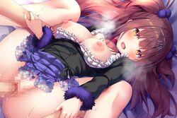 1boy :o asa_no_ha blush breasts breasts_out brown_hair censored choker female flower_knight_girl folded game_cg hair_ornament large_breasts long_hair looking_at_viewer lying missionary mosaic_censoring nipples official_art on_back open_mouth penis purple_skirt pussy red_neckwear ruritama_azami_(flower_knight_girl) sex shiny shiny_skin skirt spread_legs straight sweat two_side_up vaginal_penetration yellow_eyes