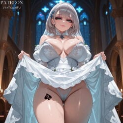 1girl ai_generated ass_visible_through_thighs bare_shoulders blush breasts choker church cleavage closed_mouth clothes_lift cowboy_shot detached_sleeves dress dress_lift earrings flower green_eyes grey_hair hair_ornament highleg hololive hololive_japan indoors jewelry large_breasts lifted_by_self looking_at_viewer panties queen_of_spades shirogane_noel smile solo strapless sweat thick_thighs thigh_gap thighs underwear vantawaifu veil virtual_youtuber wedding_dress white_choker white_dress white_panties