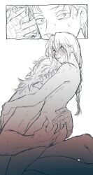 ohmypoorkamui male male_only gay yaoi kamui_(gintama) gintama abuto 2boys completely_nude nude monochrome blush braid braided_hair single_braid looking_at_viewer long_hair long-haired_male android age_difference twink sweat ass_grab implied_sex implied_anal messy_hair no_visible_genitalia mullet