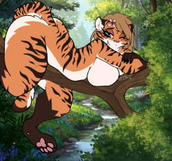 1girls anthro blue_eyes brown_hair buxom_breasts flower flower_in_hair forest forest_background furry huge_ass huge_breasts james_andromeda large_ass nude one_eye_closed tigress