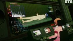 armwear before_sex blue_hair brown_hair cfnm clothed_female_nude_male clothing electronics eulathighstraps female human makoto_yuki male manual masturbating masturbation nude_male only_one_naked pale_skin persona persona_3 pubic_hair security_camera security_room television watching yukari_takeba
