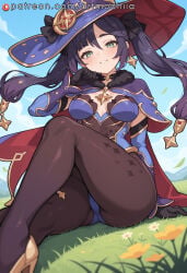 1girl mona_(genshin_impact) witch_hat solo breasts hat twintails leotard looking_at_viewer sky black_gloves sitting gloves pantyhose outdoors smile jewelry long_hair blue_leotard green_eyes earrings blue_sky thighs choker medium_breasts flower bodystocking blue_headwear grass day sparkle_print cape gold_trim star_earrings fur_collar black_hair purple_hair high_heels detached_sleeves thighlet parted_lips highleg_leotard black_choker blush cloud knee_up ass brown_pantyhose hat_ornament floating_hair fur_trim purple_headwear white_flower star_(symbol) black_pantyhose highleg elbow_gloves yellow_flower legs hair_ornament capelet purple_leotard artmochiia ai_generated genshin_impact