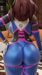 1girls 3d 3d_(artwork) asian asian_female ass ass_focus back_view backboob big_breasts blizzard_entertainment bodysuit brown_hair clothed_female d.va hand_on_ass hand_on_own_ass highres huge_breasts korean_female korean_text large_breasts larougemirelle light-skinned_female light_skin overwatch overwatch_2 scrag_boy_(model) scrag_d.va standing thick_thighs voluptuous_female wide_hips