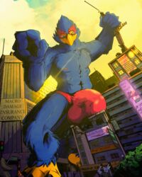 anthro bird city destruction falco_lombardi giant macro male male_only mrjimmydafloof nintendo speedo star_fox