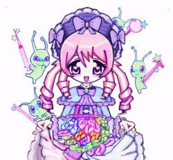 alien alternative_fashion alunka ambiguous_gender anime_style anthro blood blush bodily_fluids bonnet bow_ribbon capelet clothing dress drill_curls eyelashes female gore group guts hair hammer headgear headwear hi_res human intestines j-fashion lolita_(fashion) mammal markings medical_instrument mole_(marking) open_mouth organs pink_hair purple_eyes scalpel scientific_instrument surgical_instrument syringe tools