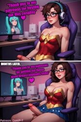 ai_generated before_and_after blue_eyes breast_expansion breast_implants brown_hair cosplay crossdressing crossplay dialogue erect_penis erection futanari futanarization glasses speech_bubble text text_bubble transformation