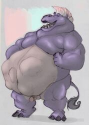 abdominal_bulge anthro balls belly big_belly common_hippopotamus genitals grey_body hauoli47 hi_res hippopotamid huge_belly male male_pred mammal mohawk muscular muscular_male nude penis same_size_vore struggling struggling_prey vore