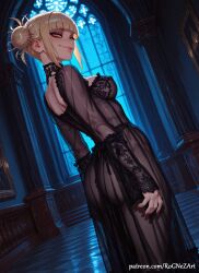 1girl 2026 ai_generated anime ass bangs black_dress blonde_hair blunt_bangs boku_no_hero_academia boobs breasts buttocks checkered_floor cleavage covered_nipples crossover double_bun dress eye_contact female female_focus from_behind hair_bun highres himiko_toga indoors inside long_sleeves looking_at_viewer looking_back medium_breasts my_hero_academia nail_polish nsfw patreon patreon_username red_nails rognezart see-through smile smiling solo toga_himiko window yellow_eyes