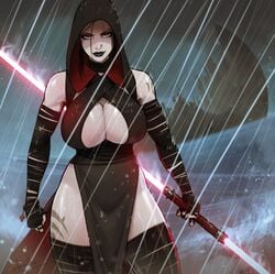 1girls 2d athletic_female black_hair black_lipstick cleavage cleavage_cutout dark_persona death_star devil_hs double_bladed_lightsaber electronics energy_sword eyebrow_piercing female female_only goth highres hood huge_breasts human kef_bir light-skinned_female light_skin lightsaber lipstick muscular_female naughty_face nose_piercing outdoor outside pale-skinned_female pale_skin piercing piercings rain raining red_eyes red_hair rey seductive seductive_smile sith sith_rey smile smirk solo star_wars storm sword the_rise_of_skywalker thick_thighs weapon